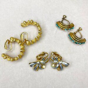Vintage Clip-On Earrings Lot Gold Tone Rhinestone & Two-Tone Retro Statement